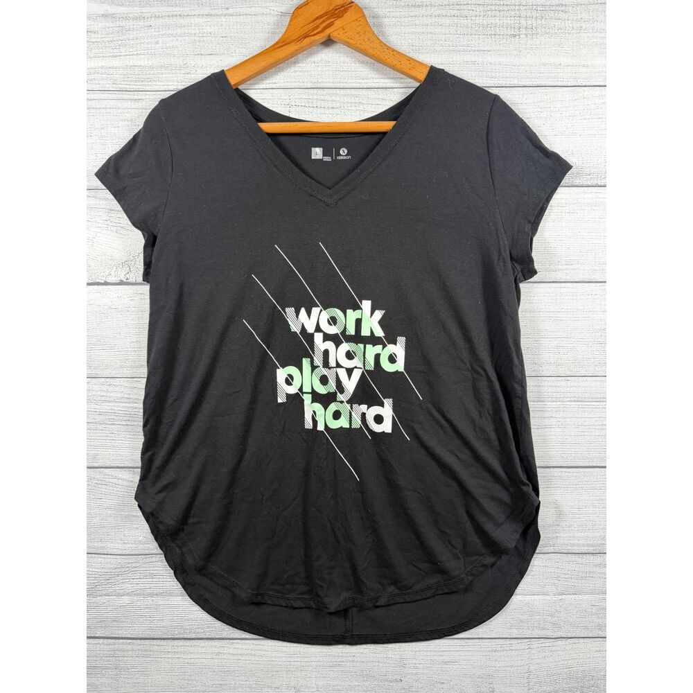 Xersion Women's L Black Work Hard Play Hard V Neck Graphic Activewear Tee 1297